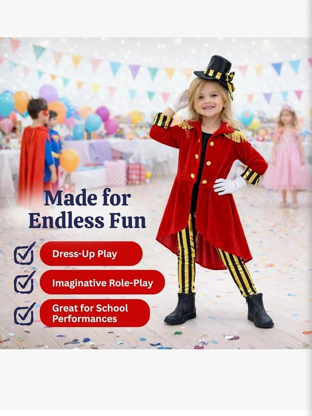Kids Red Ringmaster Costume with Gold Trim